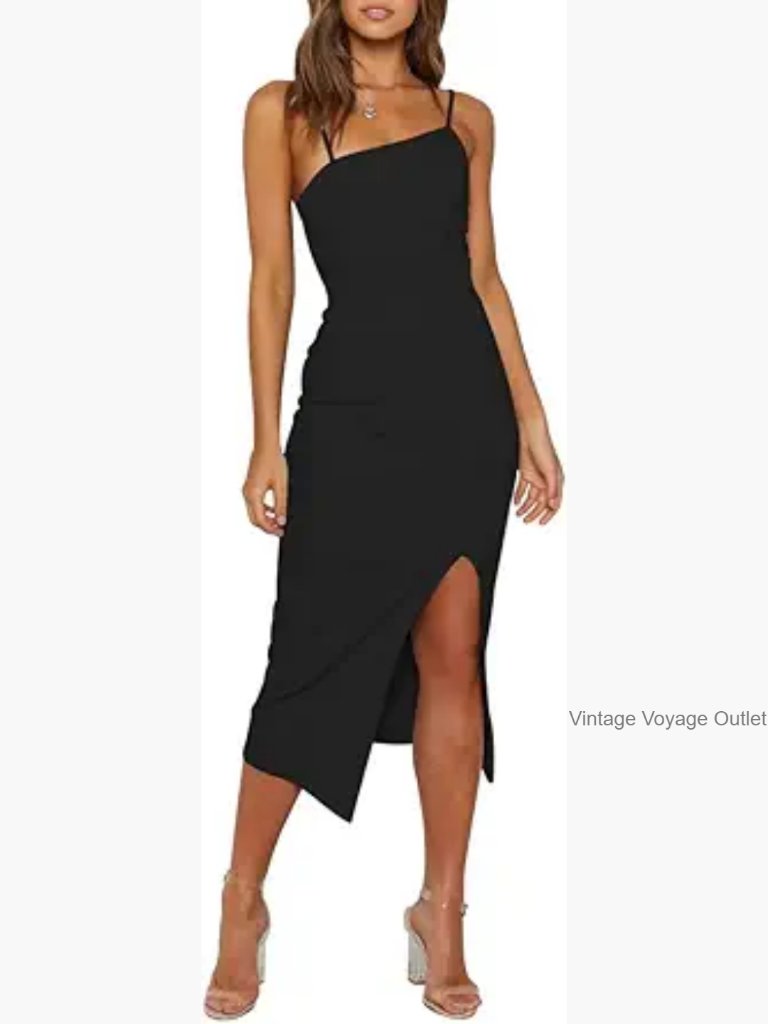 Adjustable Spaghetti Strap Midi Bodycon Dress High Waist Split Cocktail Party